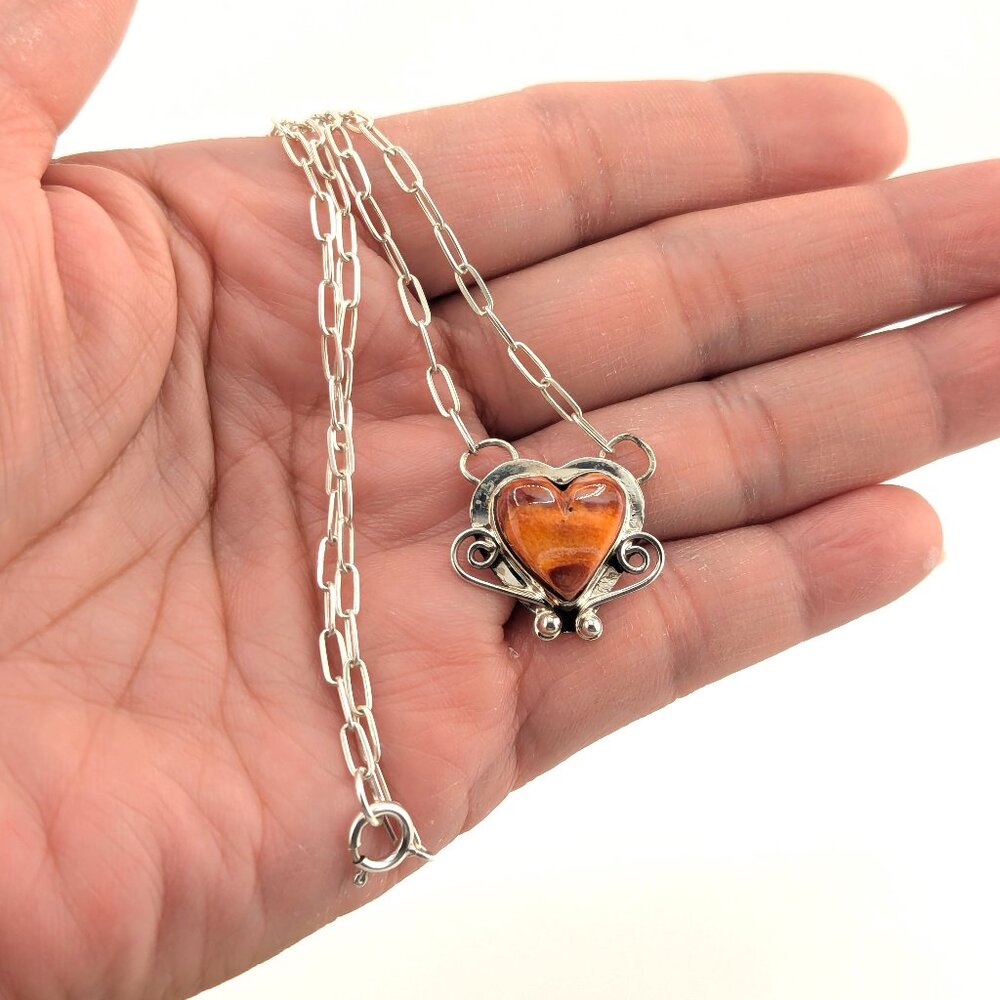 Navajo Heart Necklace Orange Spiny‎ Oyster Native American Handmade Jewelry**